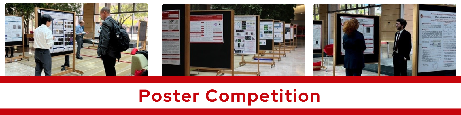 two images showing people looking at scientific poster and one image of just the posters